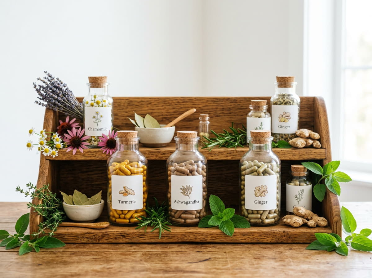 Frascos de suplementos con ingredientes naturales — cúrcuma, ashwagandha, jengibre — sobre una repisa de madera