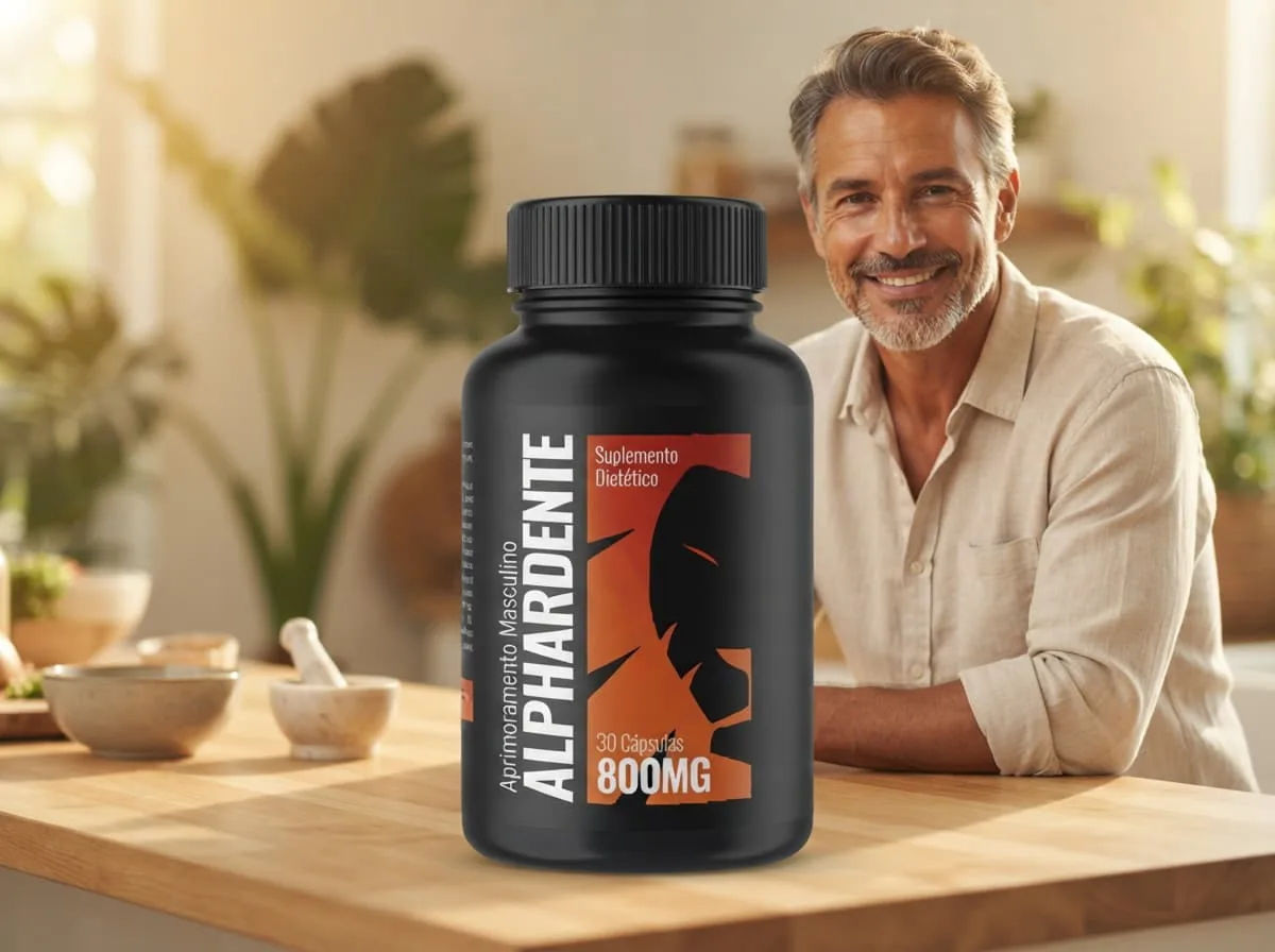 Homem sorridente na cozinha com o frasco de Alphardente Cápsulas