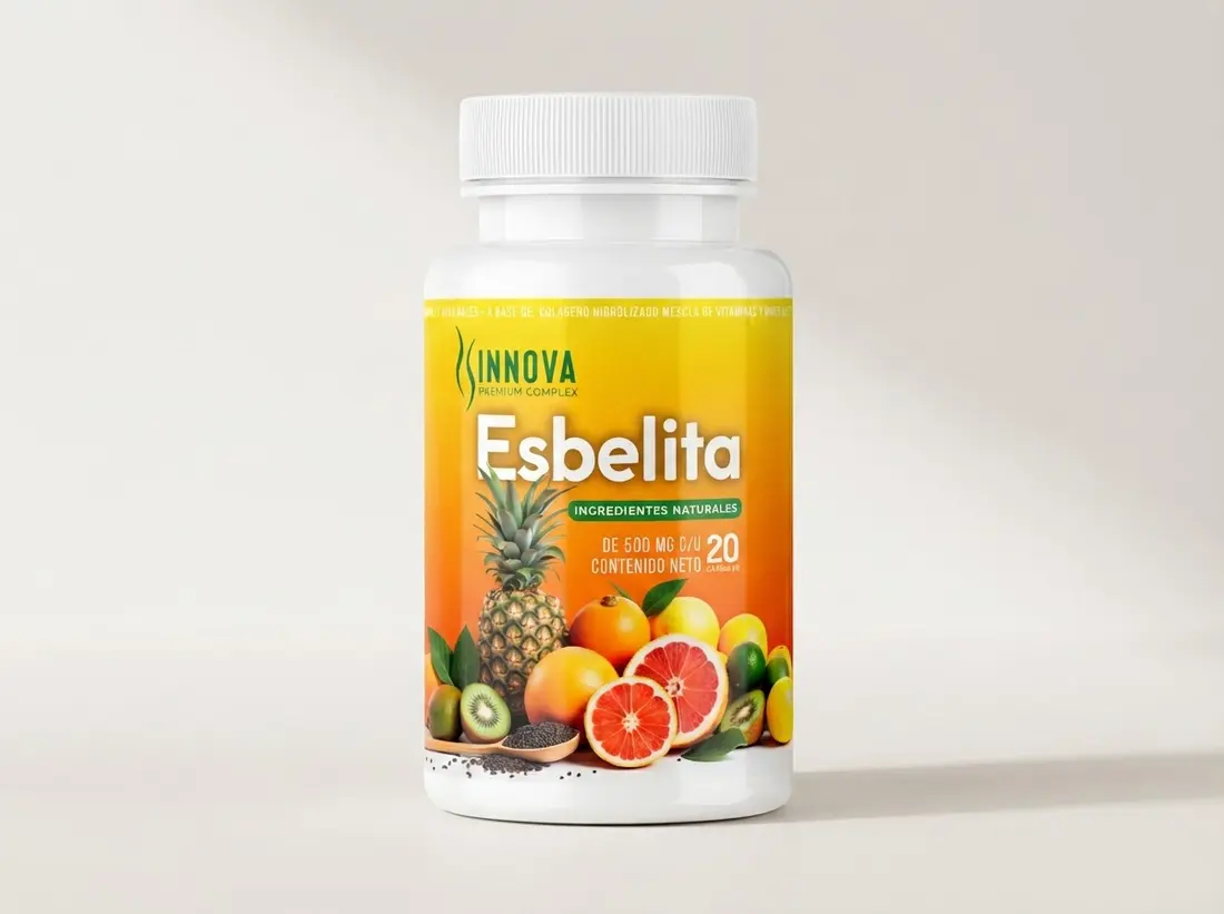 Frasco de Esbelita sobre superficie clara junto a hojas verdes