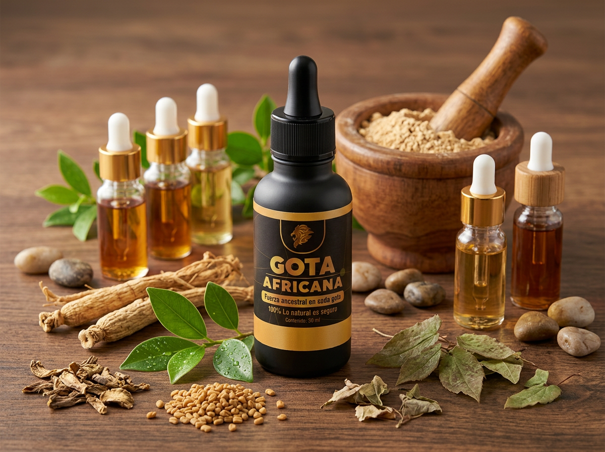 Extractos naturales de la fórmula de Gota Africana sobre madera